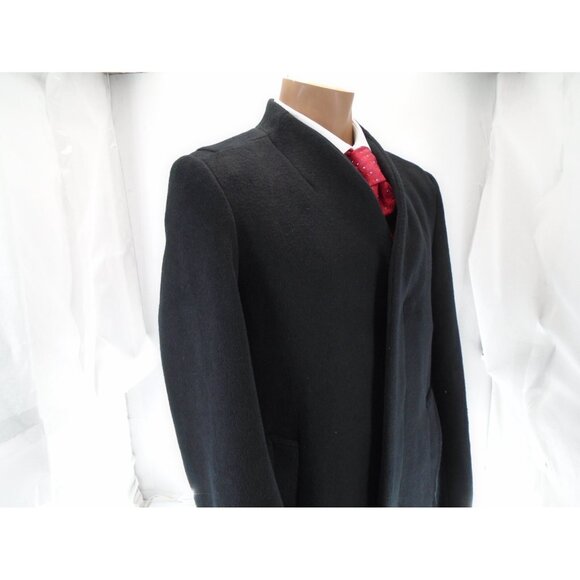 Men's Round collar Wool blend overcoat winter coat Black 40R - Picture 2 of 13
